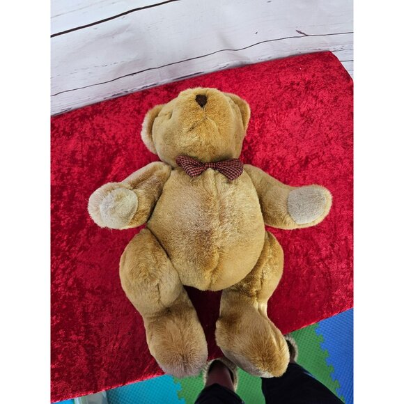 Vintage Walmart Brown Jointed Teddy Bear Plush Stuffed Animal Toy Red‎ Plaid Bow - Picture 4 of 8